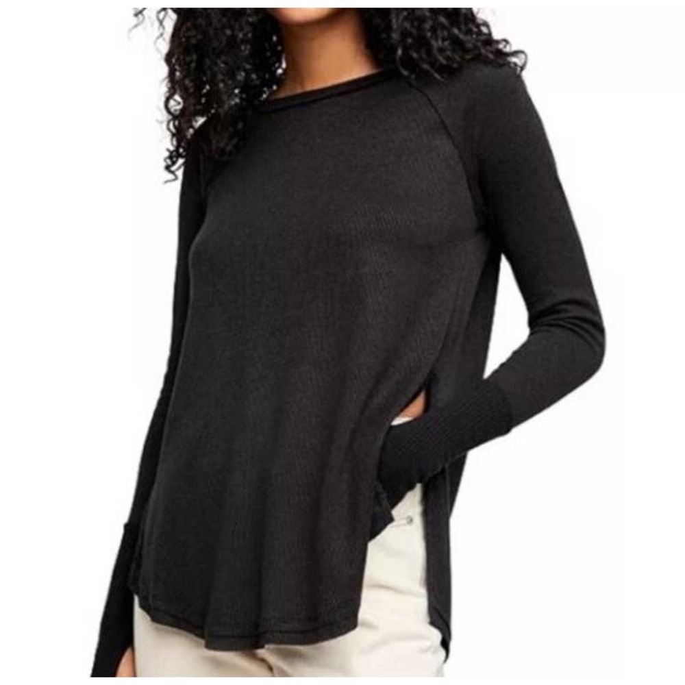 NWT Free People Women's Small Snowy Thermal Top Solid Black Oversized Tunic